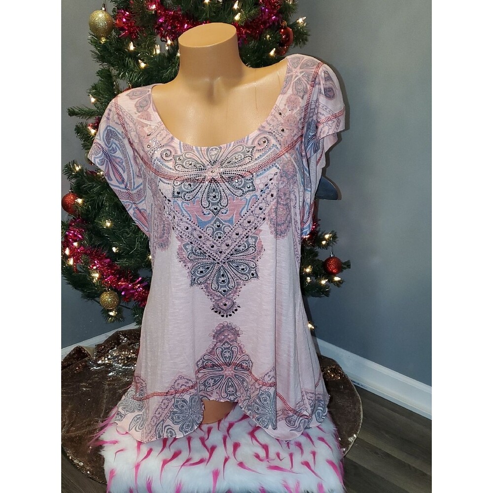 ONE WORLD Pink Paisley Scoop Neck Embellished Tunic Sharkbite Hem XL